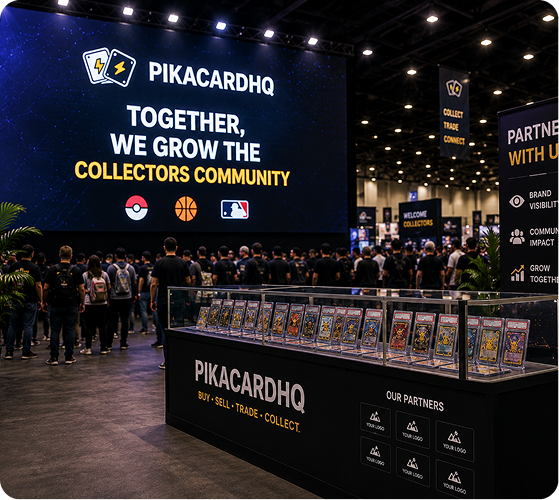 Collectors gathered at the PikaCardHQ stand in front of a graded card display case