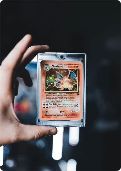 A classic Charizard card in a protective sleeve