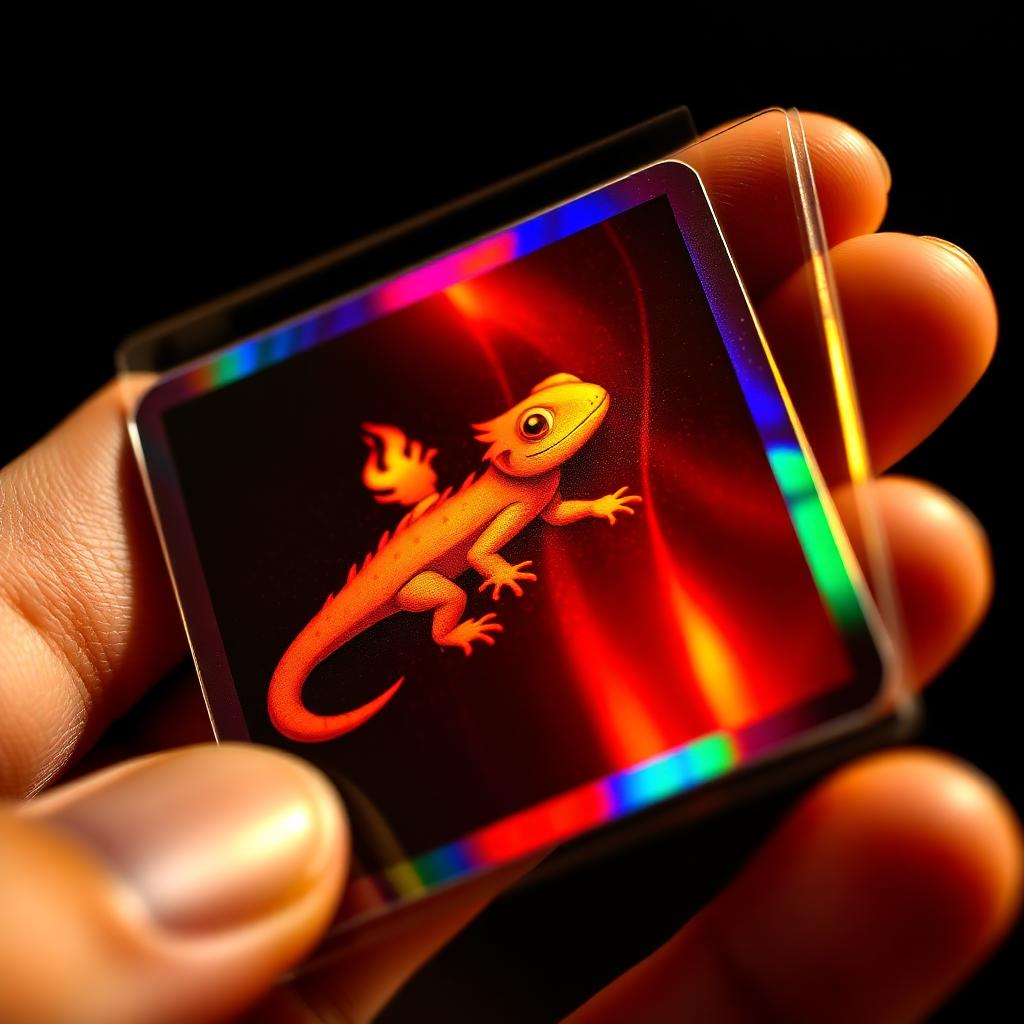 A holographic fire-type starter Pokémon card held under expo lighting