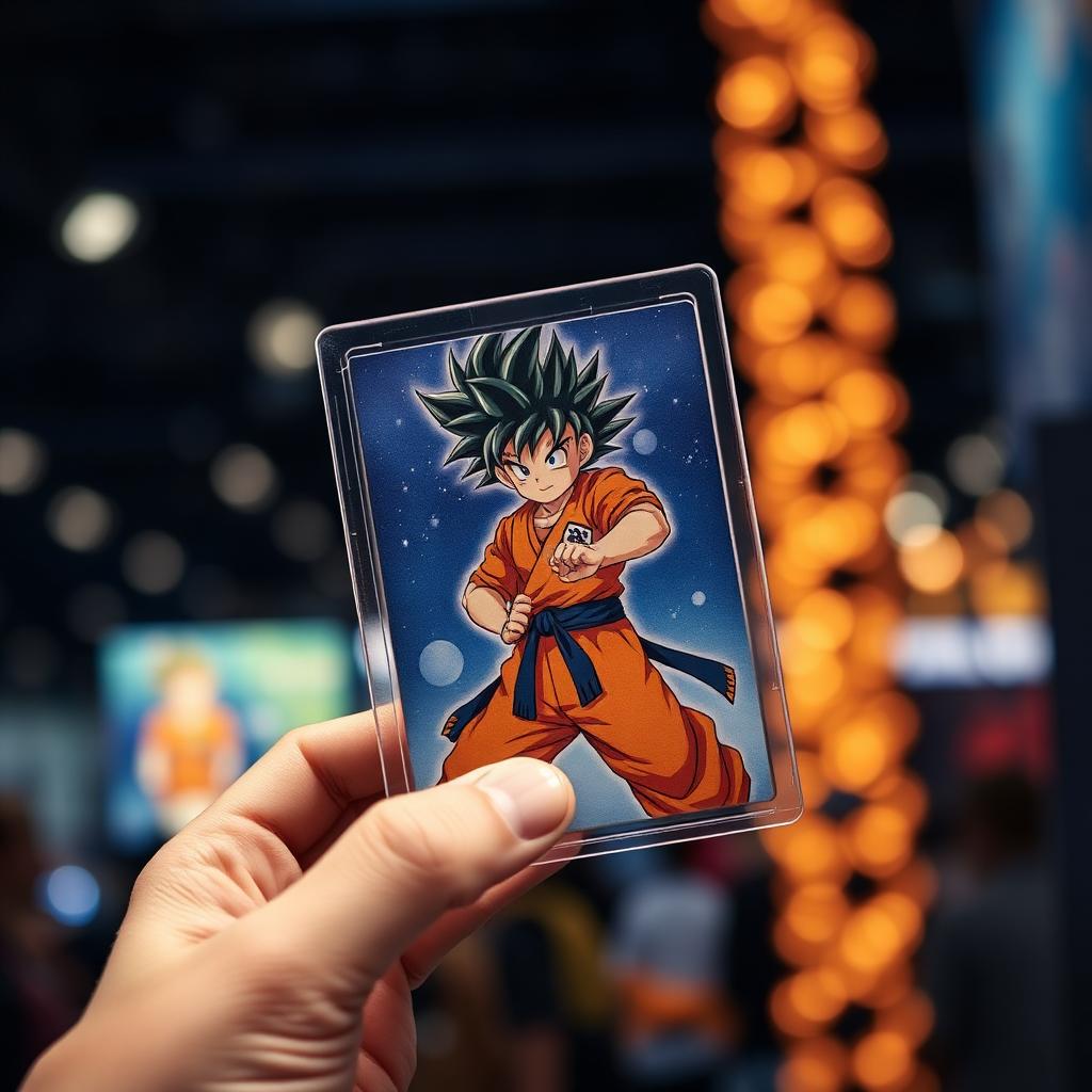 An anime fighter trading card held up in a protective sleeve at the expo